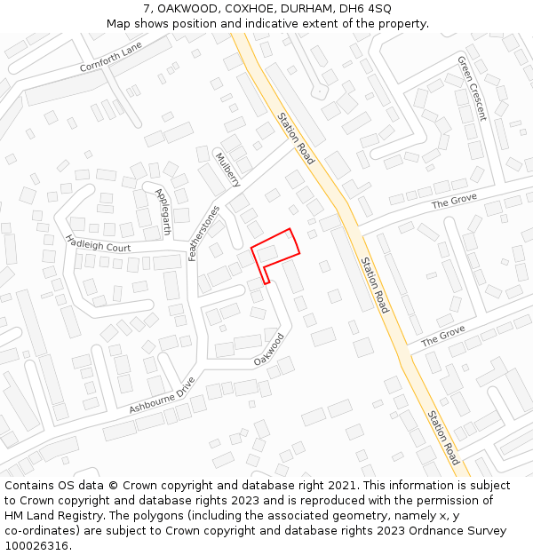 7, OAKWOOD, COXHOE, DURHAM, DH6 4SQ: Location map and indicative extent of plot