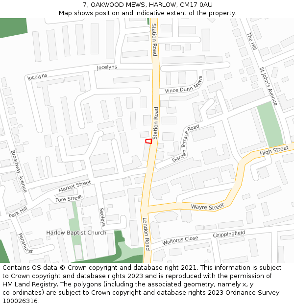 7, OAKWOOD MEWS, HARLOW, CM17 0AU: Location map and indicative extent of plot