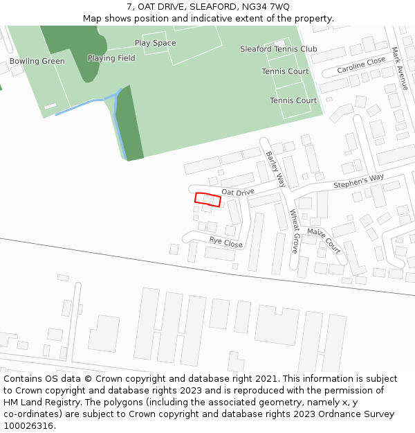 7, OAT DRIVE, SLEAFORD, NG34 7WQ: Location map and indicative extent of plot