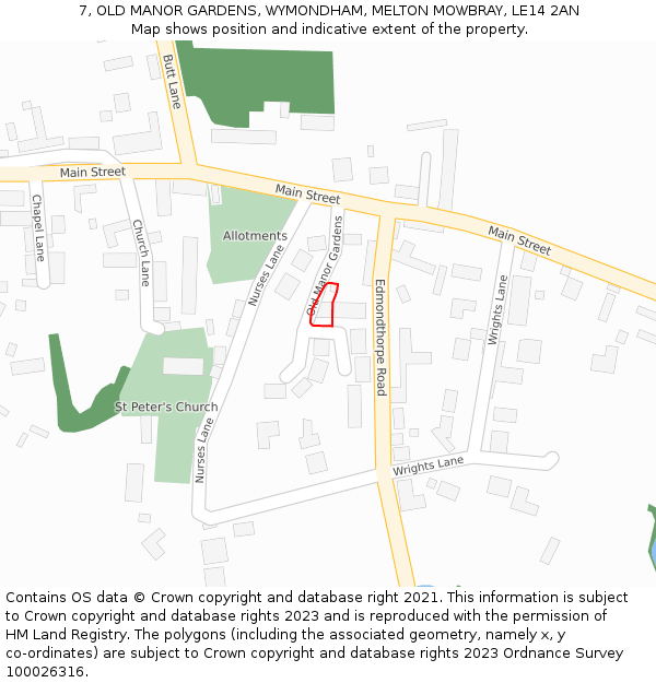 7, OLD MANOR GARDENS, WYMONDHAM, MELTON MOWBRAY, LE14 2AN: Location map and indicative extent of plot