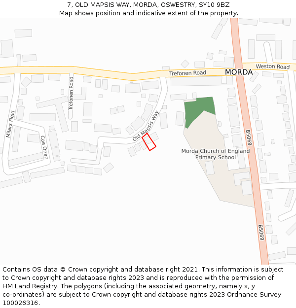 7, OLD MAPSIS WAY, MORDA, OSWESTRY, SY10 9BZ: Location map and indicative extent of plot