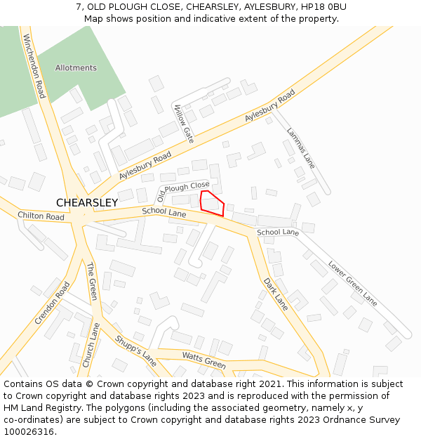 7, OLD PLOUGH CLOSE, CHEARSLEY, AYLESBURY, HP18 0BU: Location map and indicative extent of plot