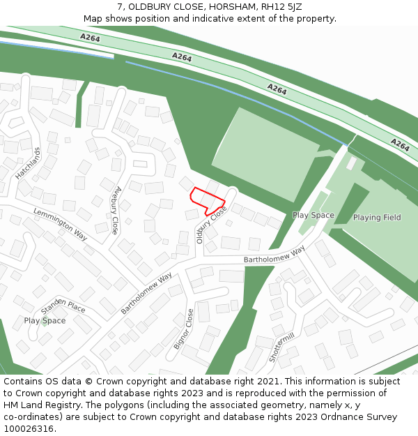 7, OLDBURY CLOSE, HORSHAM, RH12 5JZ: Location map and indicative extent of plot