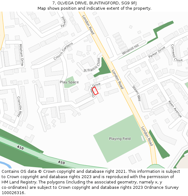 7, OLVEGA DRIVE, BUNTINGFORD, SG9 9FJ: Location map and indicative extent of plot