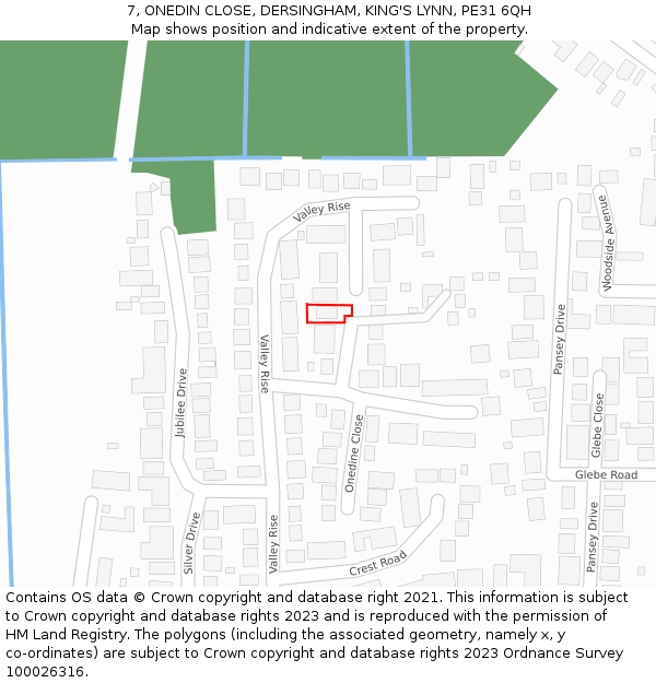 7, ONEDIN CLOSE, DERSINGHAM, KING'S LYNN, PE31 6QH: Location map and indicative extent of plot