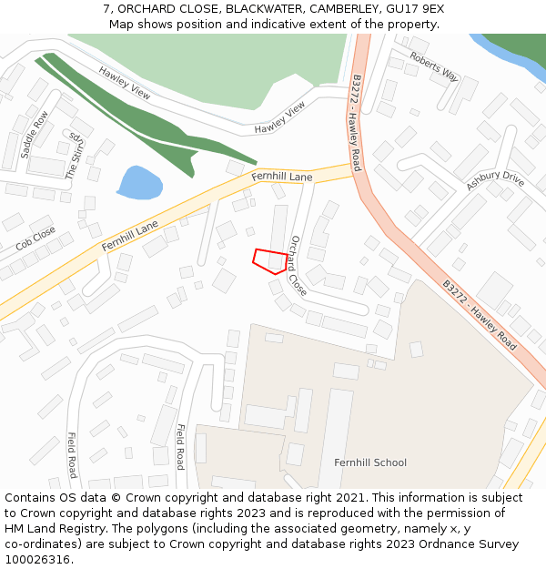 7, ORCHARD CLOSE, BLACKWATER, CAMBERLEY, GU17 9EX: Location map and indicative extent of plot
