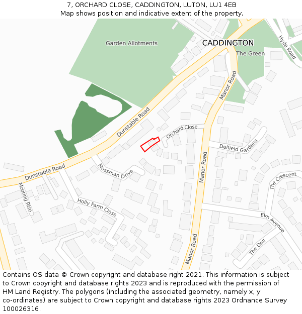 7, ORCHARD CLOSE, CADDINGTON, LUTON, LU1 4EB: Location map and indicative extent of plot
