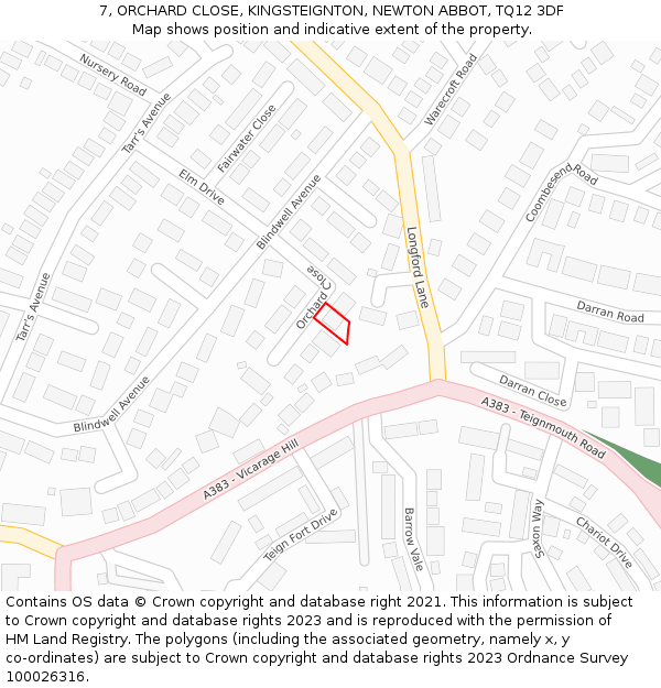 7, ORCHARD CLOSE, KINGSTEIGNTON, NEWTON ABBOT, TQ12 3DF: Location map and indicative extent of plot