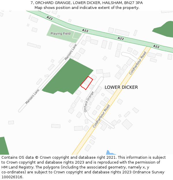 7, ORCHARD GRANGE, LOWER DICKER, HAILSHAM, BN27 3PA: Location map and indicative extent of plot