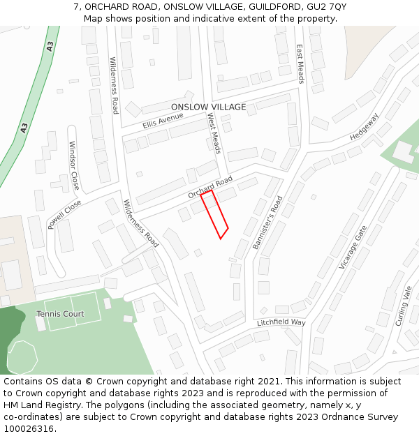 7, ORCHARD ROAD, ONSLOW VILLAGE, GUILDFORD, GU2 7QY: Location map and indicative extent of plot