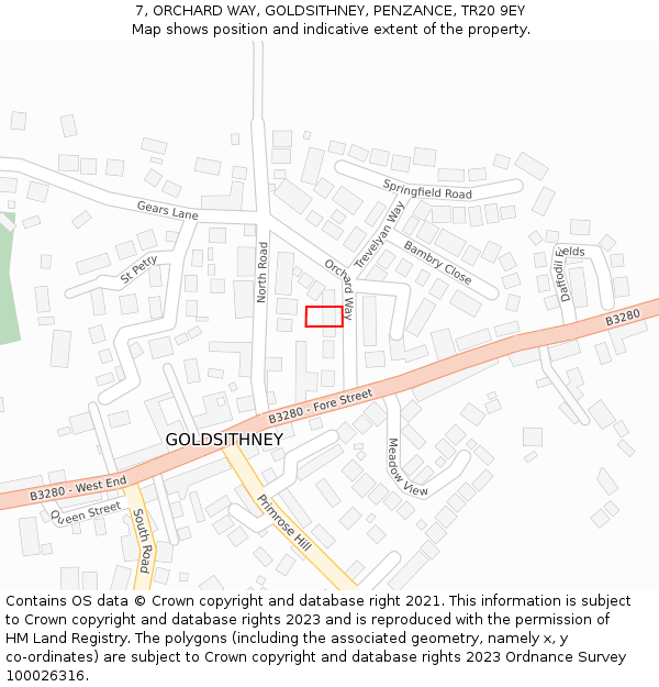 7, ORCHARD WAY, GOLDSITHNEY, PENZANCE, TR20 9EY: Location map and indicative extent of plot