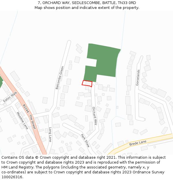7, ORCHARD WAY, SEDLESCOMBE, BATTLE, TN33 0RD: Location map and indicative extent of plot