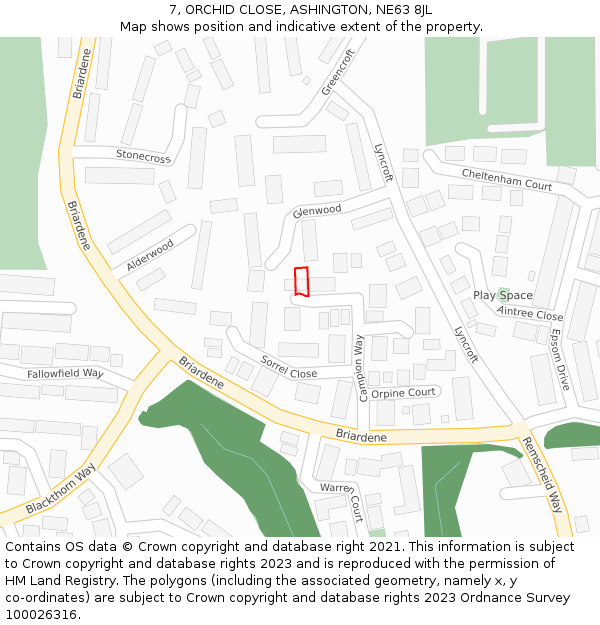 7, ORCHID CLOSE, ASHINGTON, NE63 8JL: Location map and indicative extent of plot