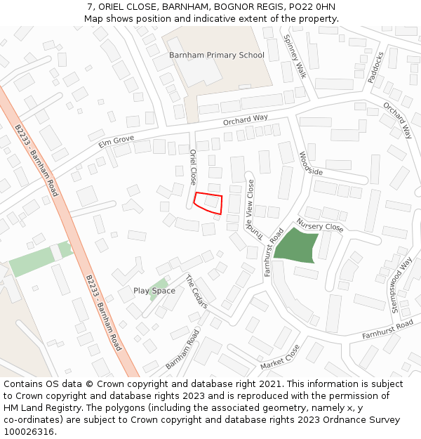 7, ORIEL CLOSE, BARNHAM, BOGNOR REGIS, PO22 0HN: Location map and indicative extent of plot