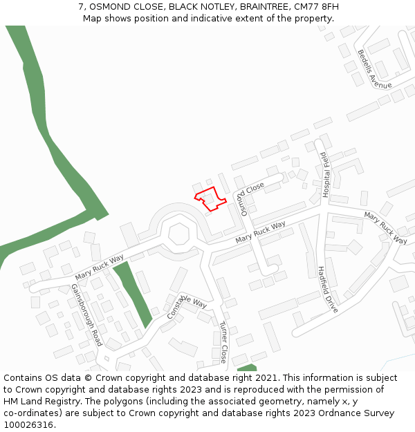 7, OSMOND CLOSE, BLACK NOTLEY, BRAINTREE, CM77 8FH: Location map and indicative extent of plot