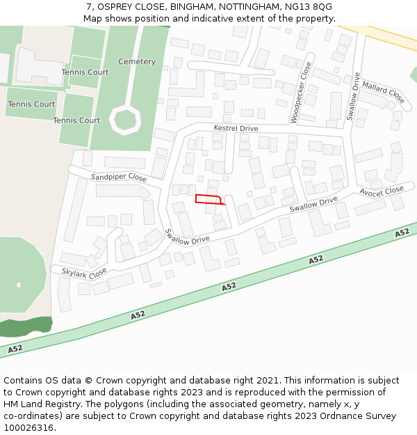 7, OSPREY CLOSE, BINGHAM, NOTTINGHAM, NG13 8QG: Location map and indicative extent of plot