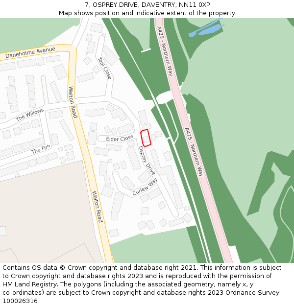 7, OSPREY DRIVE, DAVENTRY, NN11 0XP: Location map and indicative extent of plot