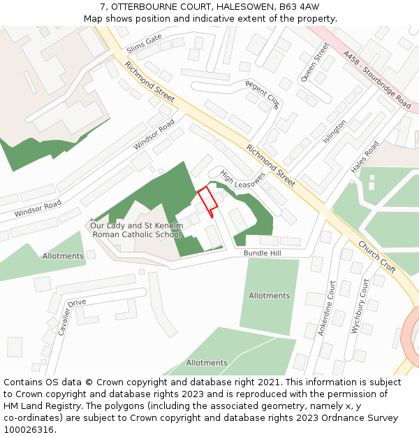 7, OTTERBOURNE COURT, HALESOWEN, B63 4AW: Location map and indicative extent of plot