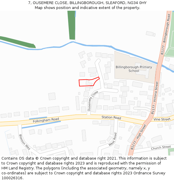 7, OUSEMERE CLOSE, BILLINGBOROUGH, SLEAFORD, NG34 0HY: Location map and indicative extent of plot