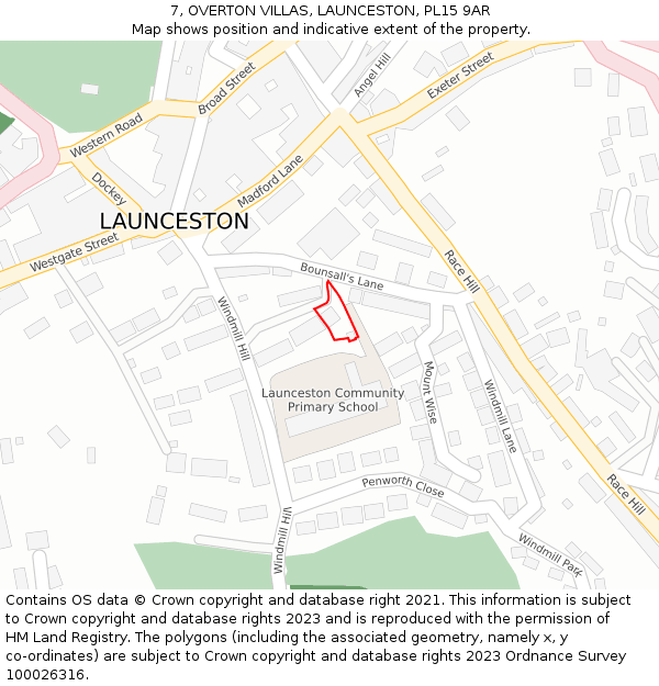 7, OVERTON VILLAS, LAUNCESTON, PL15 9AR: Location map and indicative extent of plot