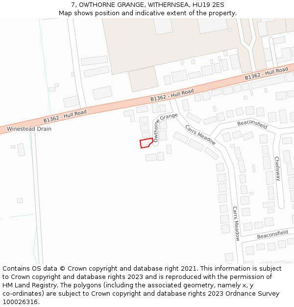 7, OWTHORNE GRANGE, WITHERNSEA, HU19 2ES: Location map and indicative extent of plot