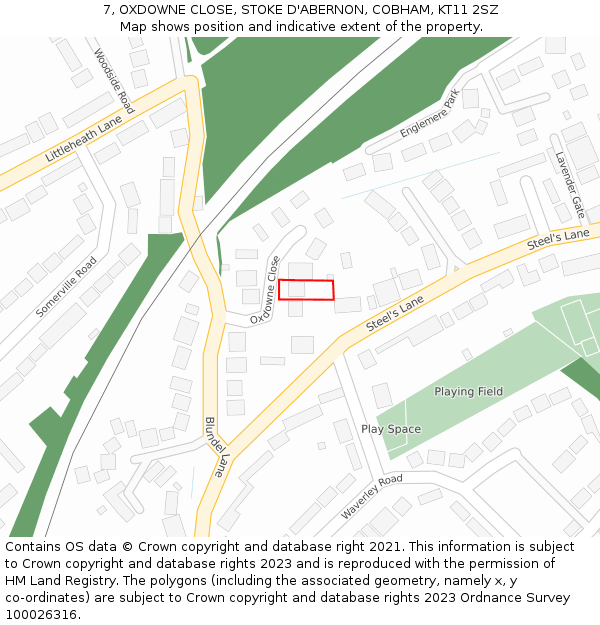 7, OXDOWNE CLOSE, STOKE D'ABERNON, COBHAM, KT11 2SZ: Location map and indicative extent of plot