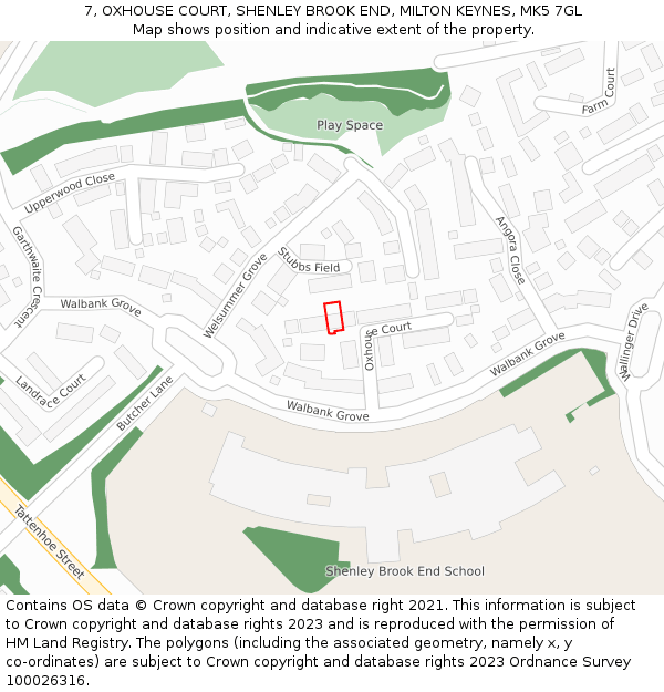 7, OXHOUSE COURT, SHENLEY BROOK END, MILTON KEYNES, MK5 7GL: Location map and indicative extent of plot