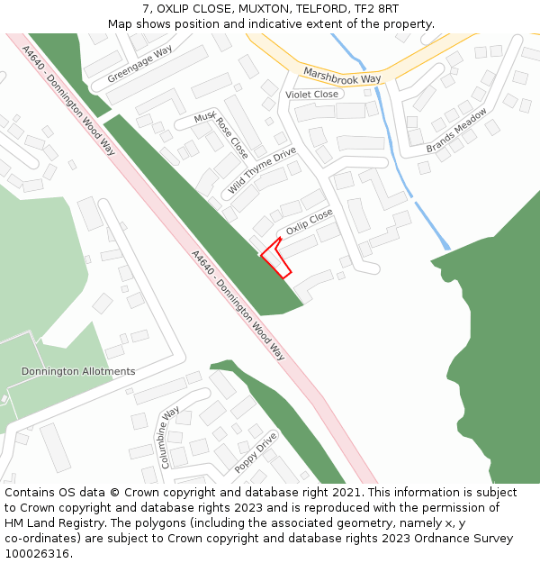 7, OXLIP CLOSE, MUXTON, TELFORD, TF2 8RT: Location map and indicative extent of plot