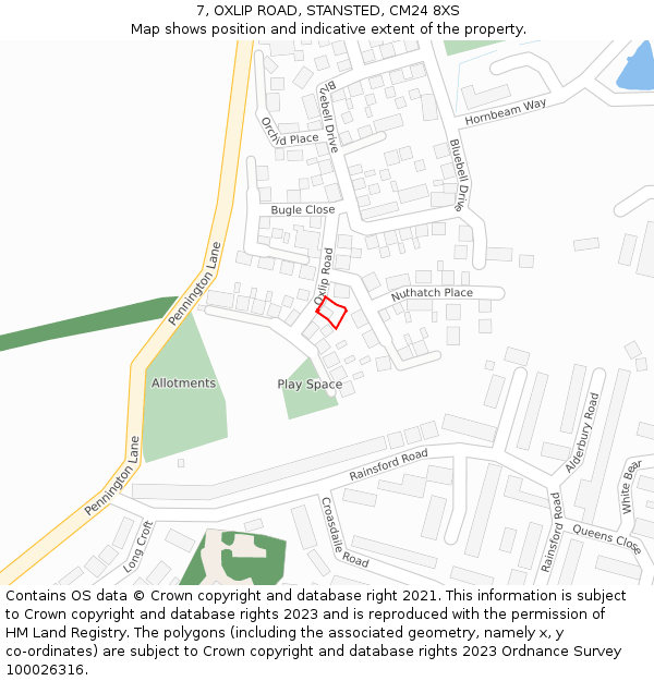 7, OXLIP ROAD, STANSTED, CM24 8XS: Location map and indicative extent of plot