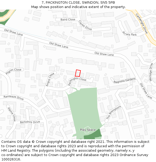 7, PACKINGTON CLOSE, SWINDON, SN5 5PB: Location map and indicative extent of plot