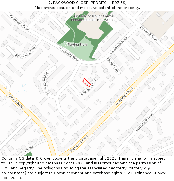 7, PACKWOOD CLOSE, REDDITCH, B97 5SJ: Location map and indicative extent of plot