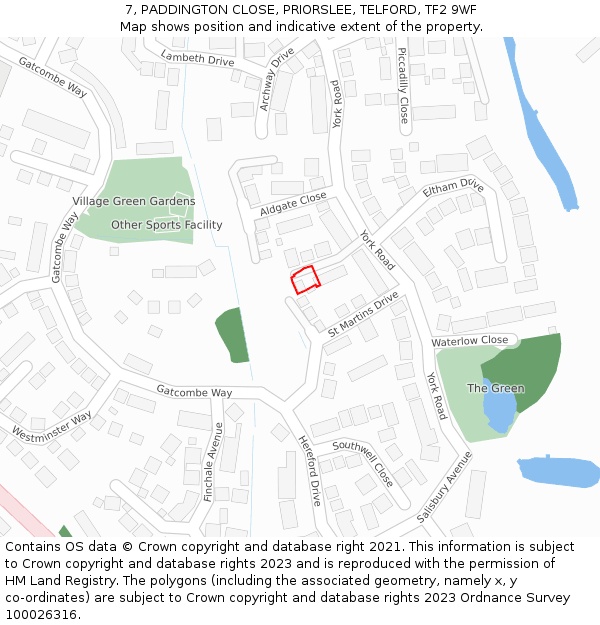 7, PADDINGTON CLOSE, PRIORSLEE, TELFORD, TF2 9WF: Location map and indicative extent of plot