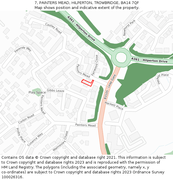 7, PAINTERS MEAD, HILPERTON, TROWBRIDGE, BA14 7QF: Location map and indicative extent of plot