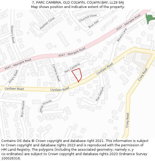 7, PARC CAMBRIA, OLD COLWYN, COLWYN BAY, LL29 9AJ: Location map and indicative extent of plot