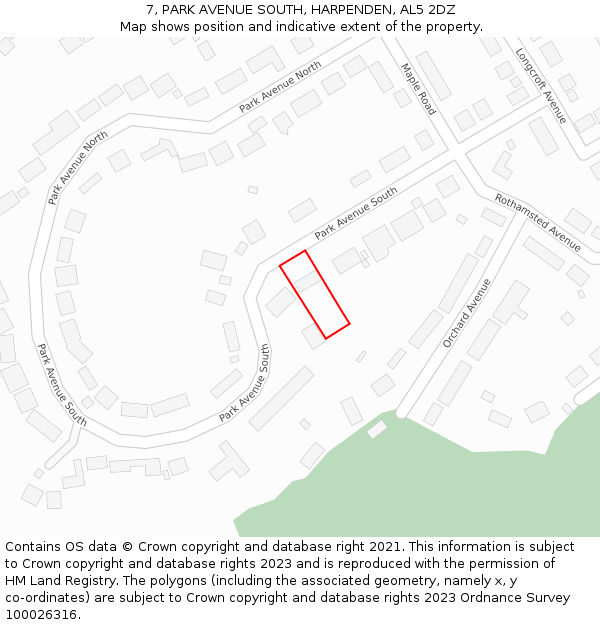 7, PARK AVENUE SOUTH, HARPENDEN, AL5 2DZ: Location map and indicative extent of plot