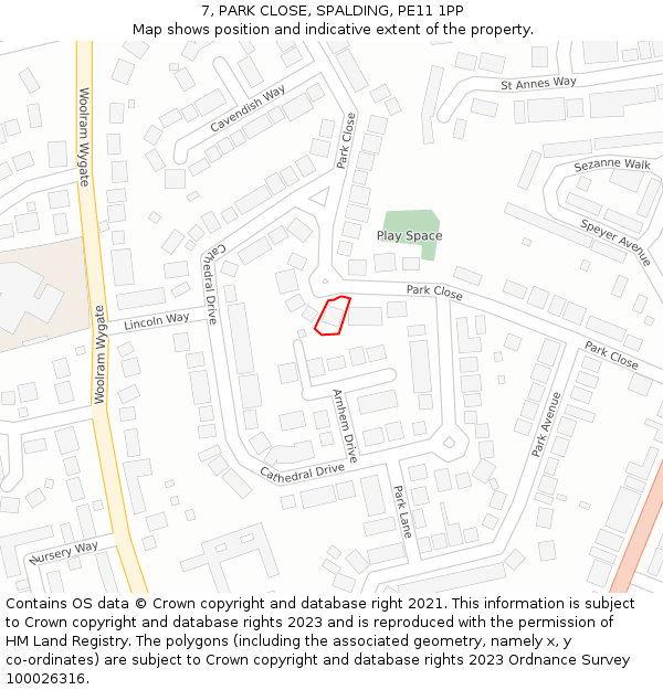 7, PARK CLOSE, SPALDING, PE11 1PP: Location map and indicative extent of plot