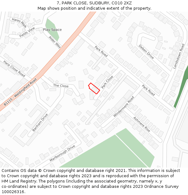 7, PARK CLOSE, SUDBURY, CO10 2XZ: Location map and indicative extent of plot