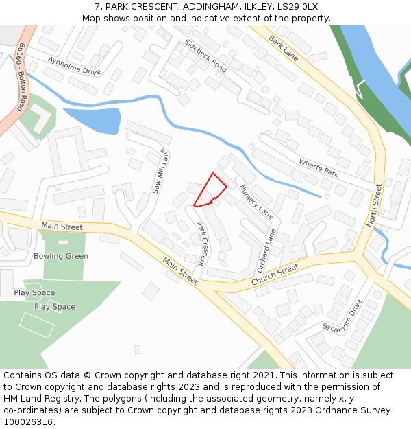 7, PARK CRESCENT, ADDINGHAM, ILKLEY, LS29 0LX: Location map and indicative extent of plot