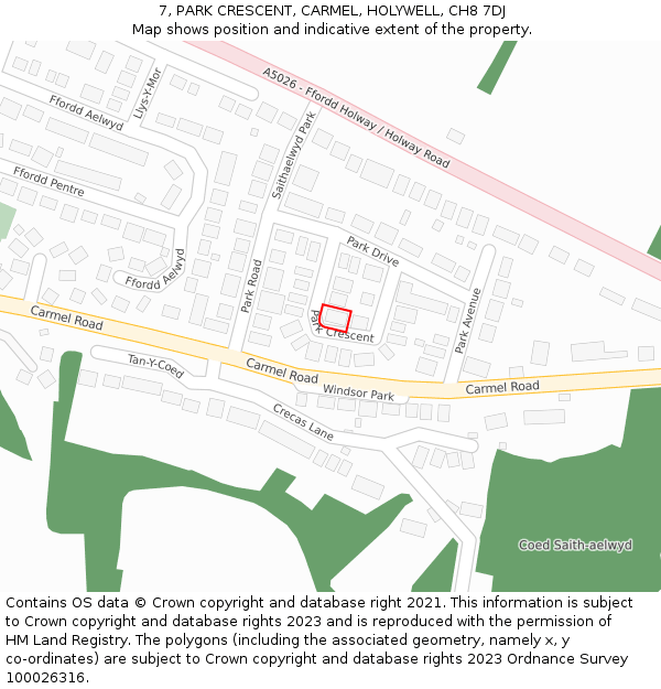 7, PARK CRESCENT, CARMEL, HOLYWELL, CH8 7DJ: Location map and indicative extent of plot
