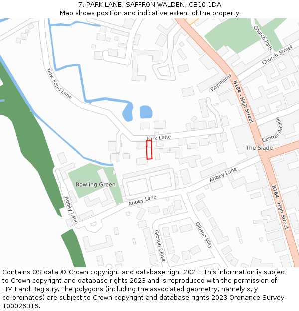 7, PARK LANE, SAFFRON WALDEN, CB10 1DA: Location map and indicative extent of plot