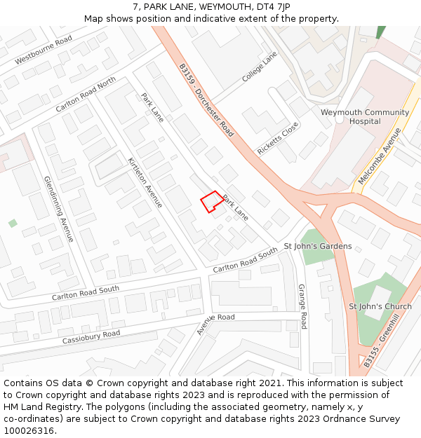 7, PARK LANE, WEYMOUTH, DT4 7JP: Location map and indicative extent of plot