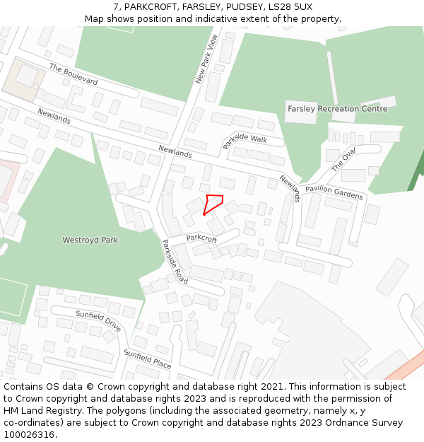 7, PARKCROFT, FARSLEY, PUDSEY, LS28 5UX: Location map and indicative extent of plot