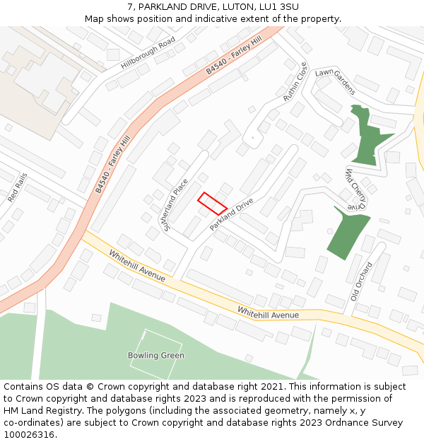 7, PARKLAND DRIVE, LUTON, LU1 3SU: Location map and indicative extent of plot