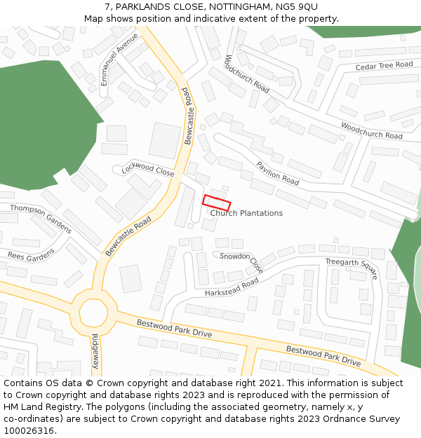 7, PARKLANDS CLOSE, NOTTINGHAM, NG5 9QU: Location map and indicative extent of plot