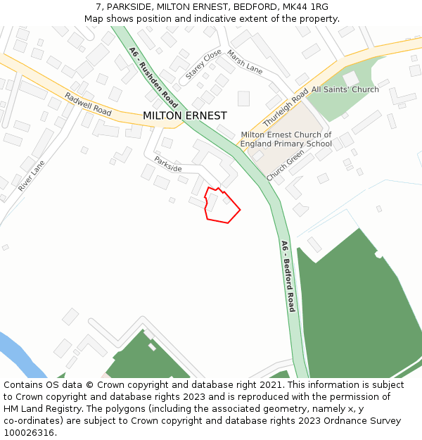 7, PARKSIDE, MILTON ERNEST, BEDFORD, MK44 1RG: Location map and indicative extent of plot