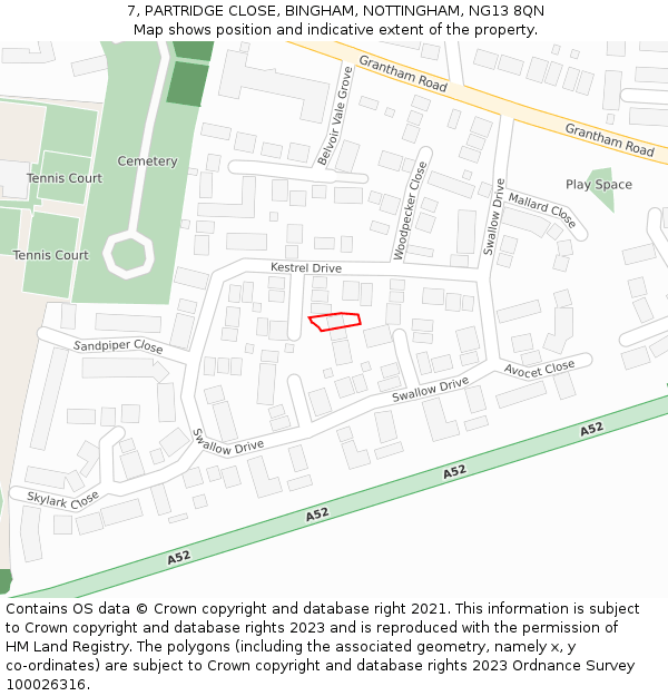 7, PARTRIDGE CLOSE, BINGHAM, NOTTINGHAM, NG13 8QN: Location map and indicative extent of plot