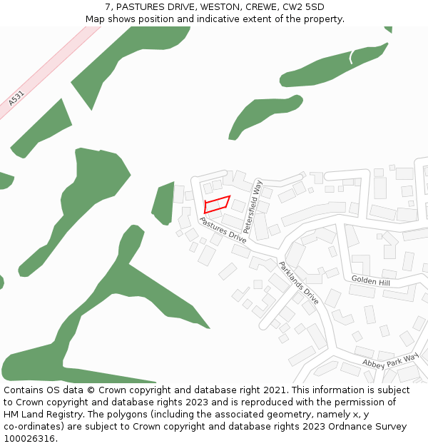 7, PASTURES DRIVE, WESTON, CREWE, CW2 5SD: Location map and indicative extent of plot