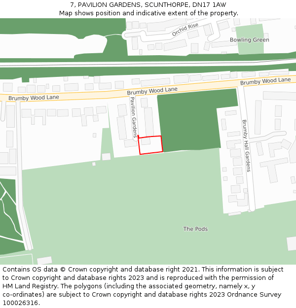 7, PAVILION GARDENS, SCUNTHORPE, DN17 1AW: Location map and indicative extent of plot