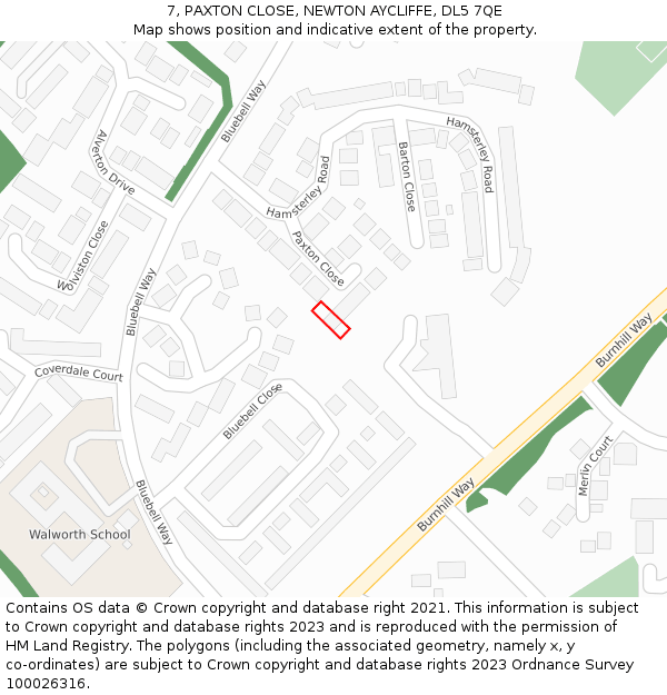 7, PAXTON CLOSE, NEWTON AYCLIFFE, DL5 7QE: Location map and indicative extent of plot