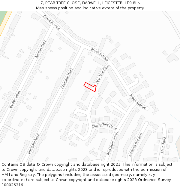 7, PEAR TREE CLOSE, BARWELL, LEICESTER, LE9 8LN: Location map and indicative extent of plot